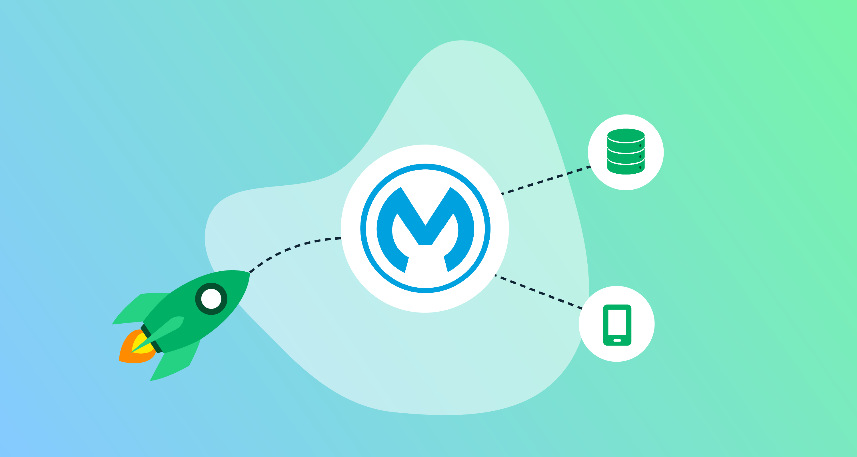 A rocket launching towards a MuleSoft logo with paths leading to a database icon and a smartphone icon.