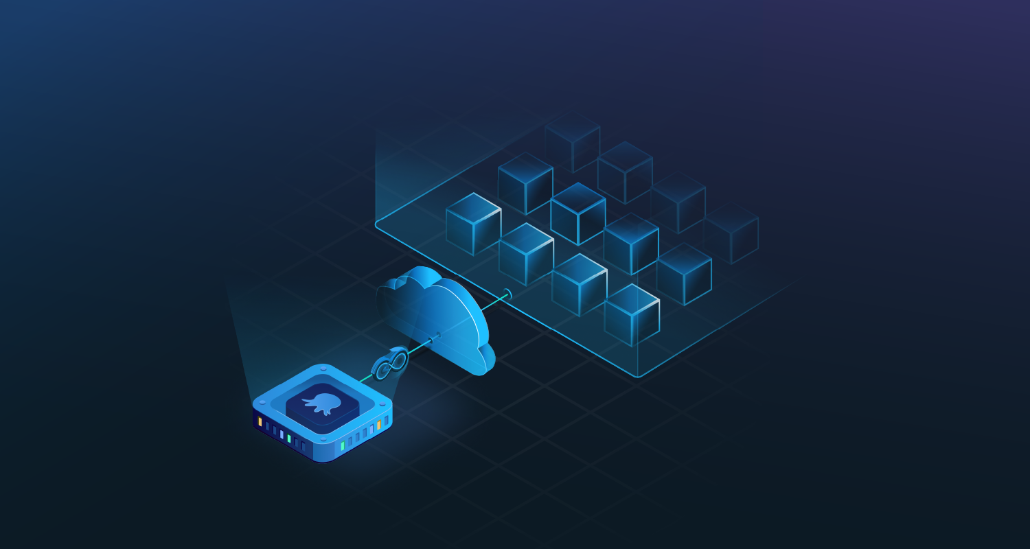 DevOps infinity symbol leaving an Octopus-branded server, headed towards a cloud in front of a grid of cubes.