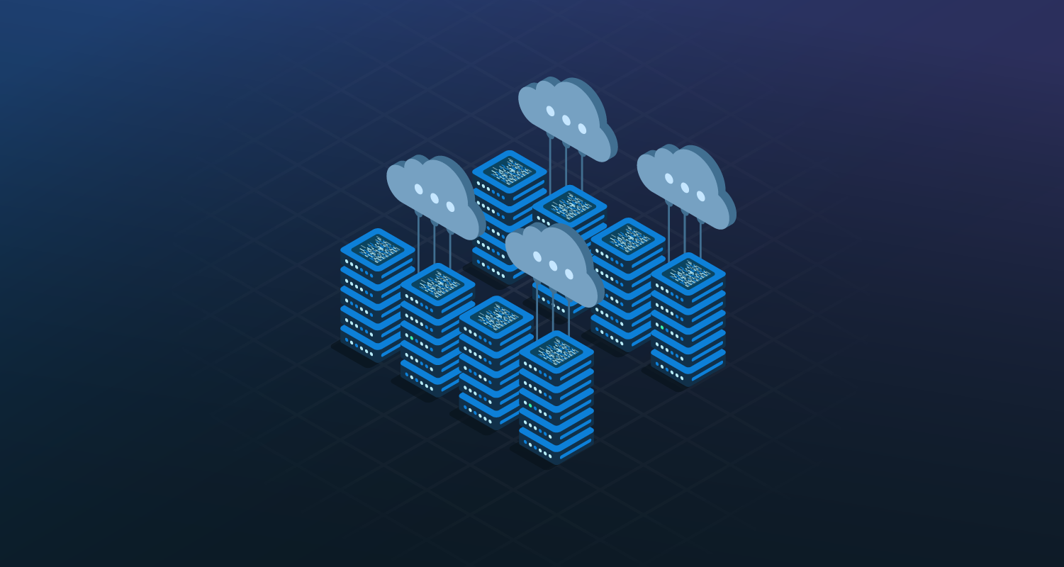 8 servers sitting together to create a data farm with clouds with dots in the middle connected above the servers.