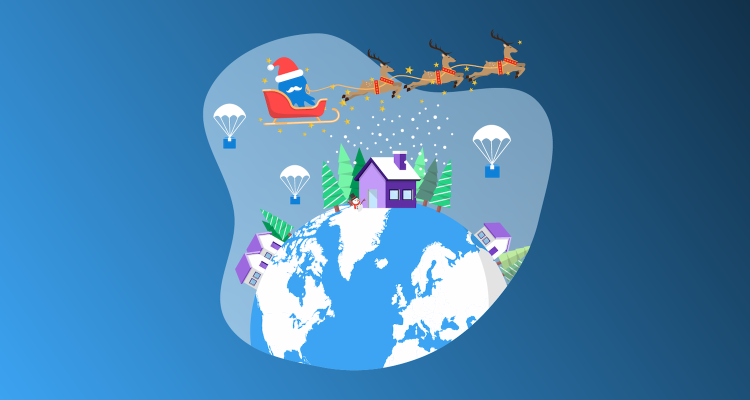 Octopus santa driving sleigh, delivering packages around the world to different houses surrounded by trees and a snowman.