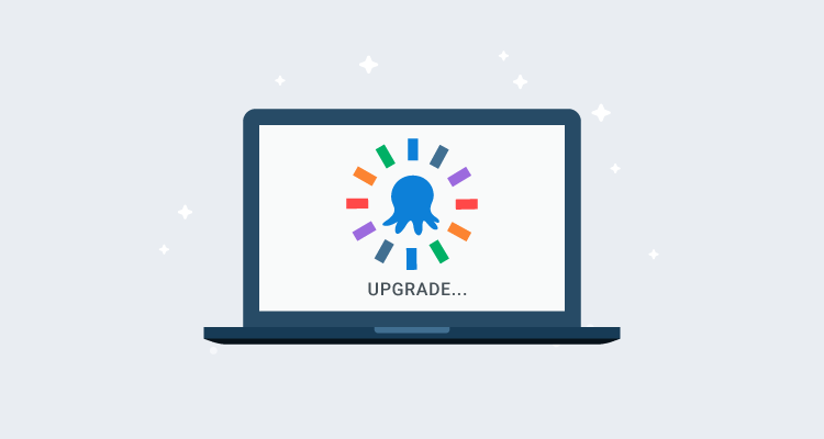 Laptop screen showing Octopus logo surrounded by circle of lines indicating update in progress, with the words "Upgrade…" below the logo