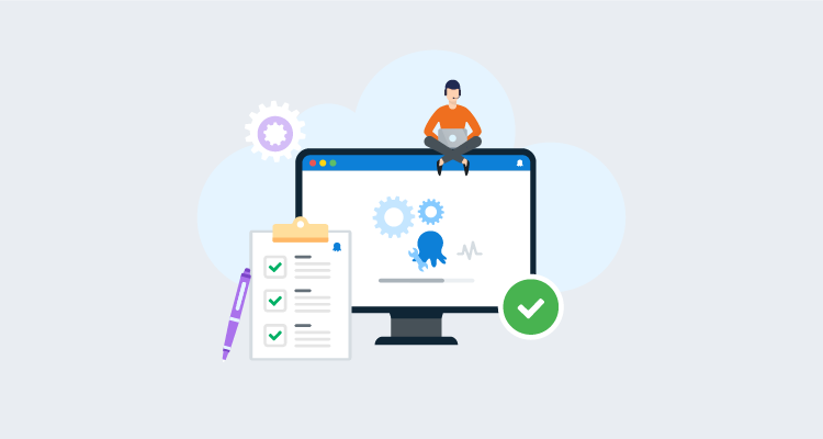 clipboard and pen in front of desktop monitor with octopus logo and settings icons on screen and green tick icon