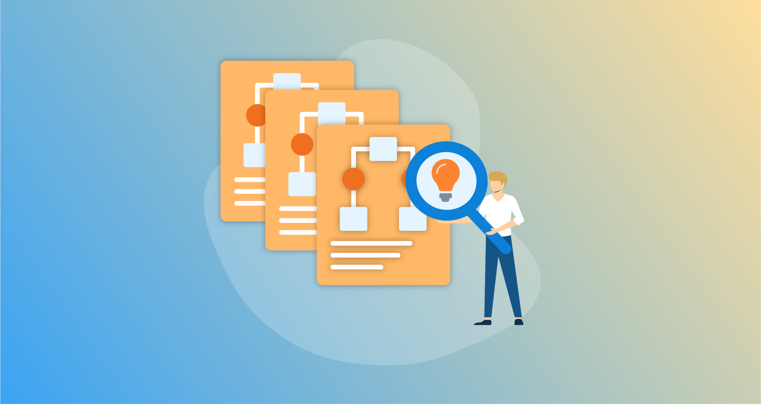 Stylized person with a magnifying glass looking at oversized patterns.