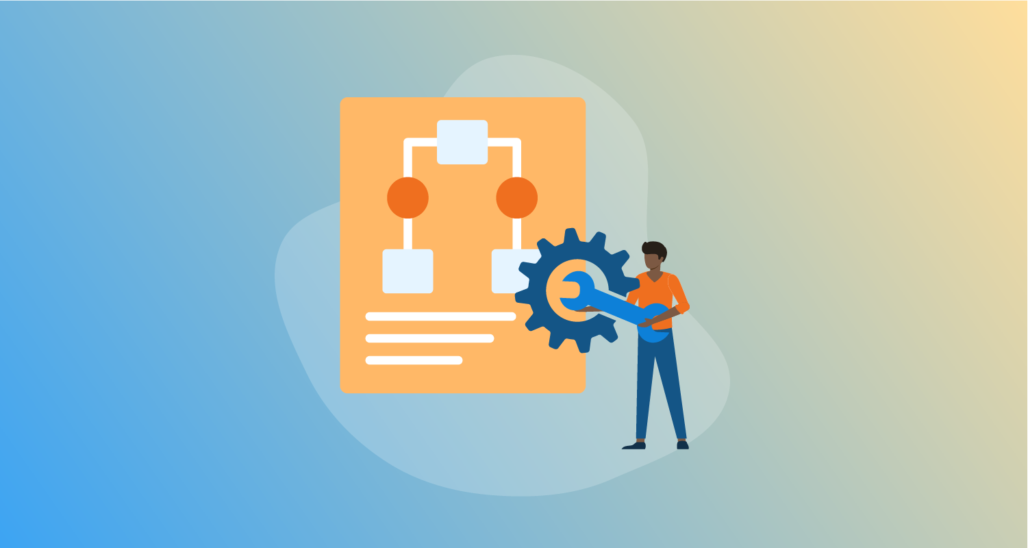 Stylized person with a screwdriver working on an oversized pattern.