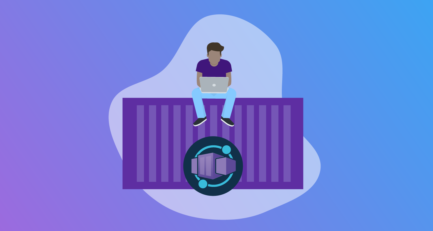 Person with open laptop sitting on a container with the Azure Container Apps logo on it.