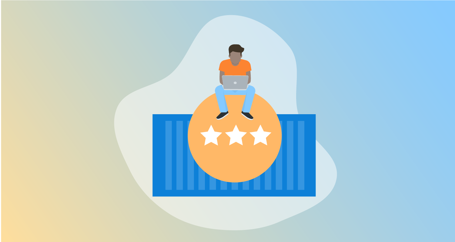 Man sitting on top of  container and gold circle with 3 stars.