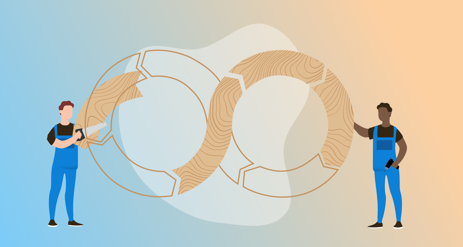 Two builders are assembling a DevOps infinity loop using wood and hand tools.