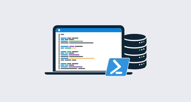 powershell logo and database beside an open laptop showing code on screen