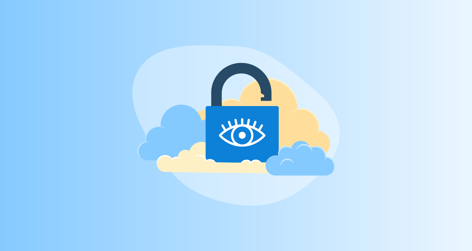 Illustration of a blue unlocked padlock branded with an open eye to signal public VPC, sitting amongst clouds.