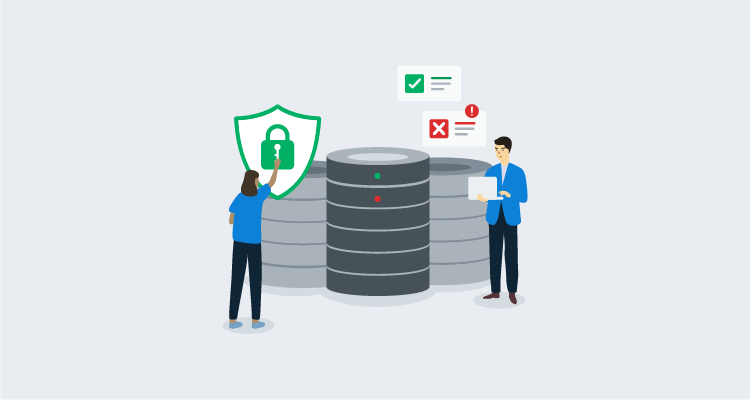 three database servers with a person pressing a green lock icon and person with laptop plus failure icon and green tick icon