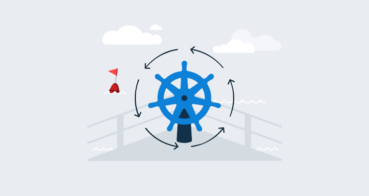 Kubernetes logo as a steering wheel in the front of a ship, steering to the left.