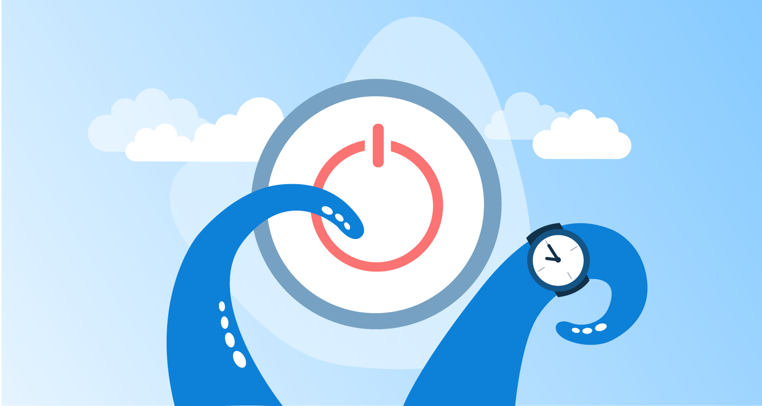 Two blue octopus arms, one pressing a giant power button, the other wearing a wrist watch.