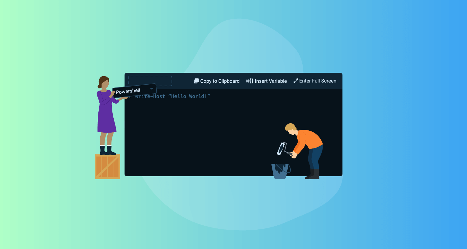 Two vector people putting together and painting the new Octopus script editor UI.