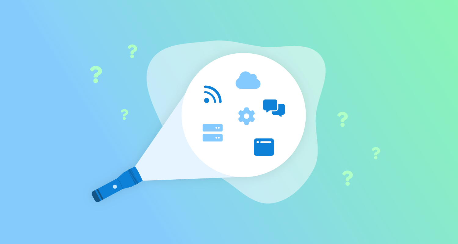 A torch shines a spotlight on IT icons. Surrounding the spotlight are question marks.