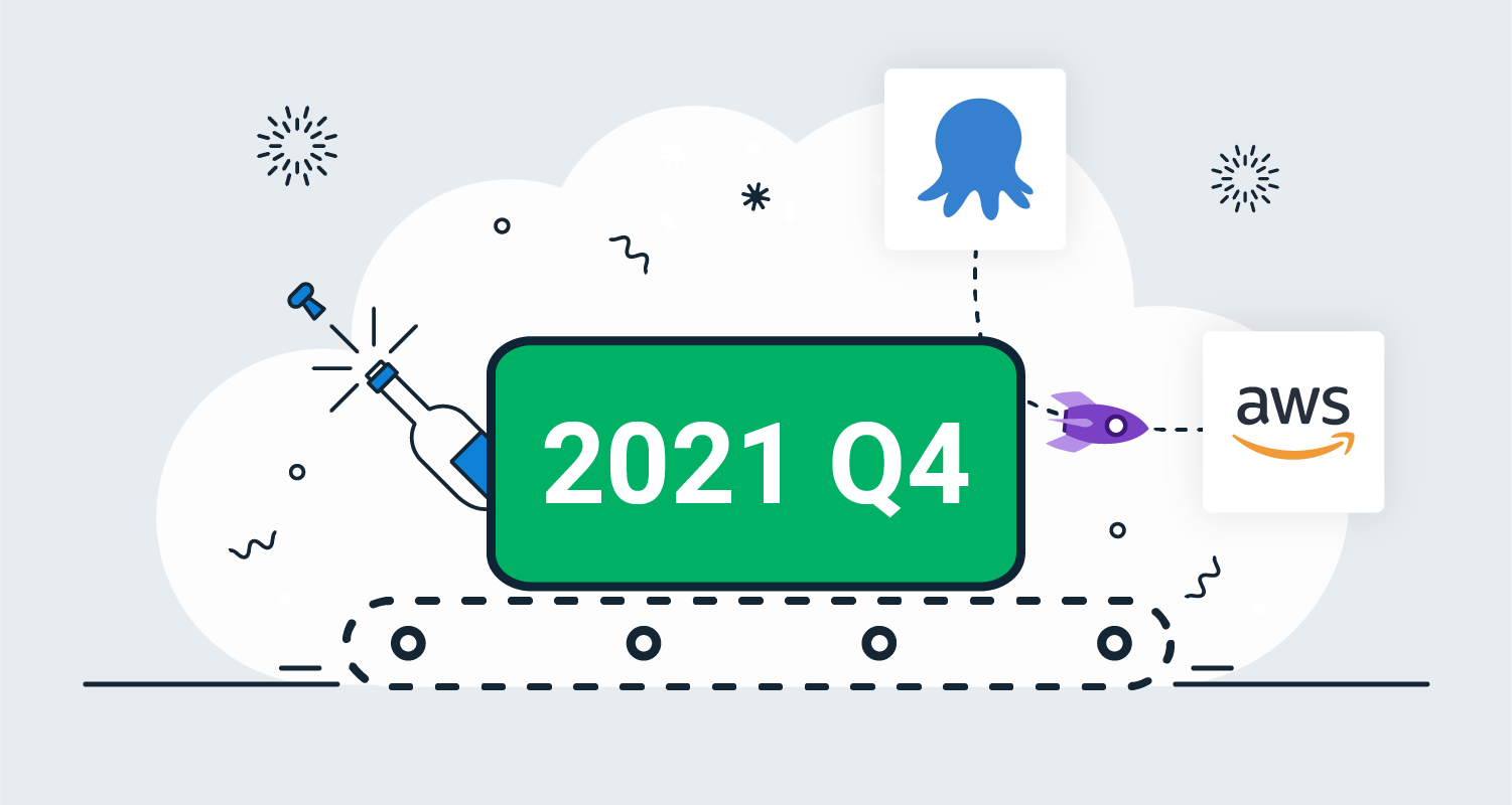 A box labeled 2021 Q4 sits on a conveyor belt against a backdrop of party favors, fireworks, and a rocket on a path between the Octopus and AWS logos.