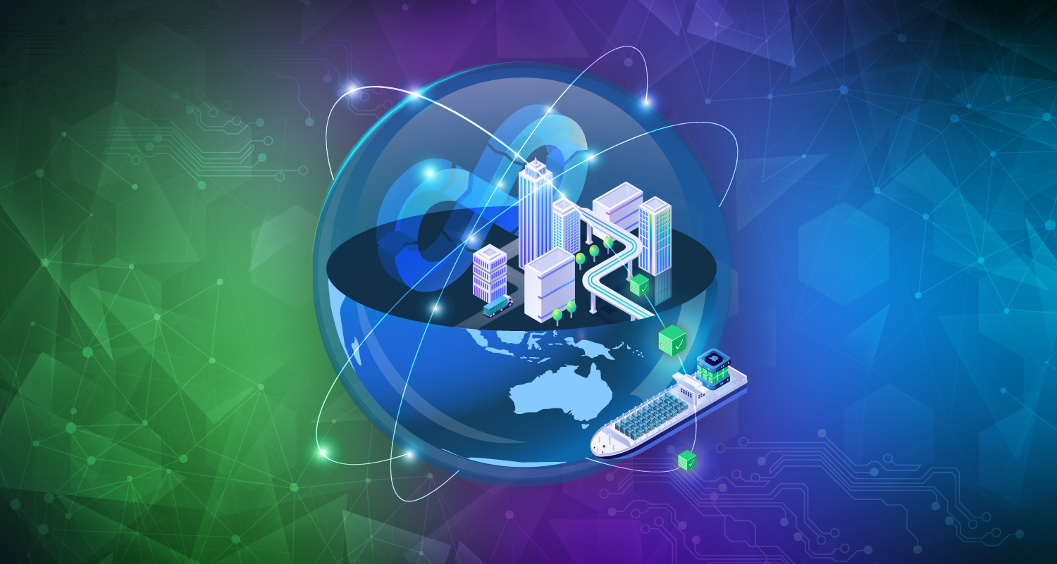 Octopus Deploy container ship deploys around the globe with buildings and the DevOps infinity.