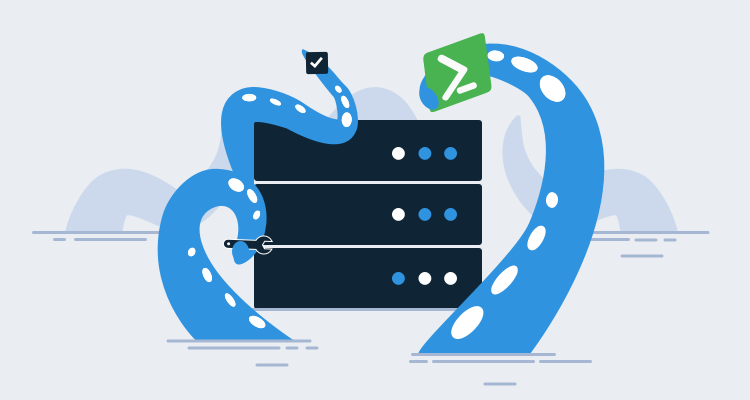 Tentacles rising from the ocean to install software on a server