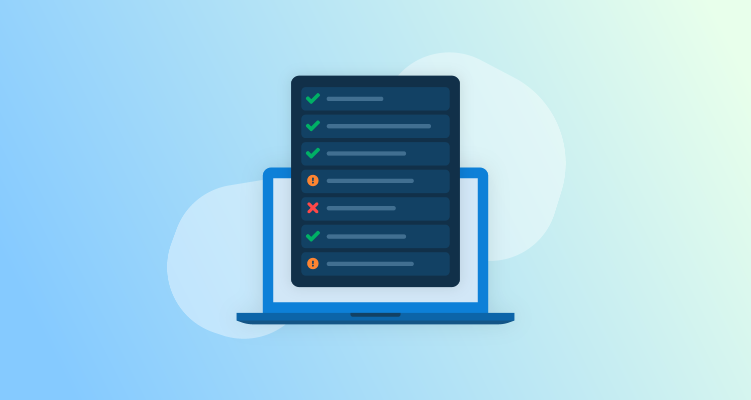 Open laptop sits behind a screen in dark mode showing a table of rows with green ticks, red crosses, and orange exclamation marks to indicate test results.