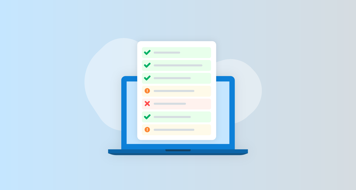 Open laptop sits behind a table of rows with green ticks, red crosses, and orange exclamation marks to indicate unit test results