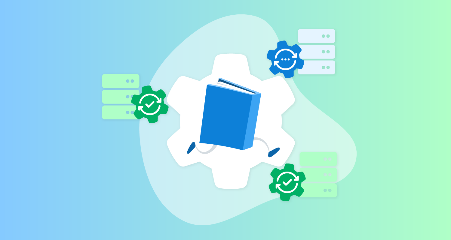 A book with legs that looks like it's running is surrounded by three cogs and databases.