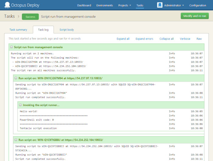 Output from the script