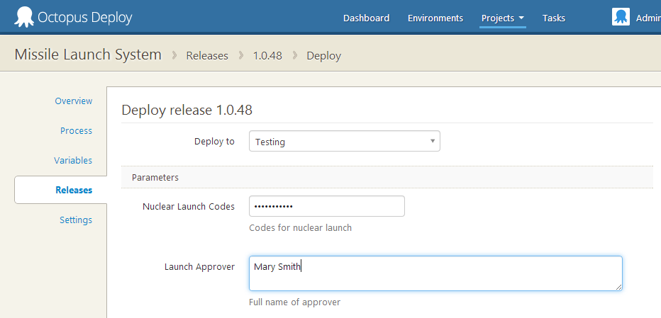 Prompt values appear at deployment creation time
