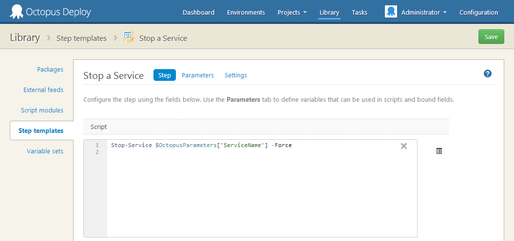 Defining the step template script