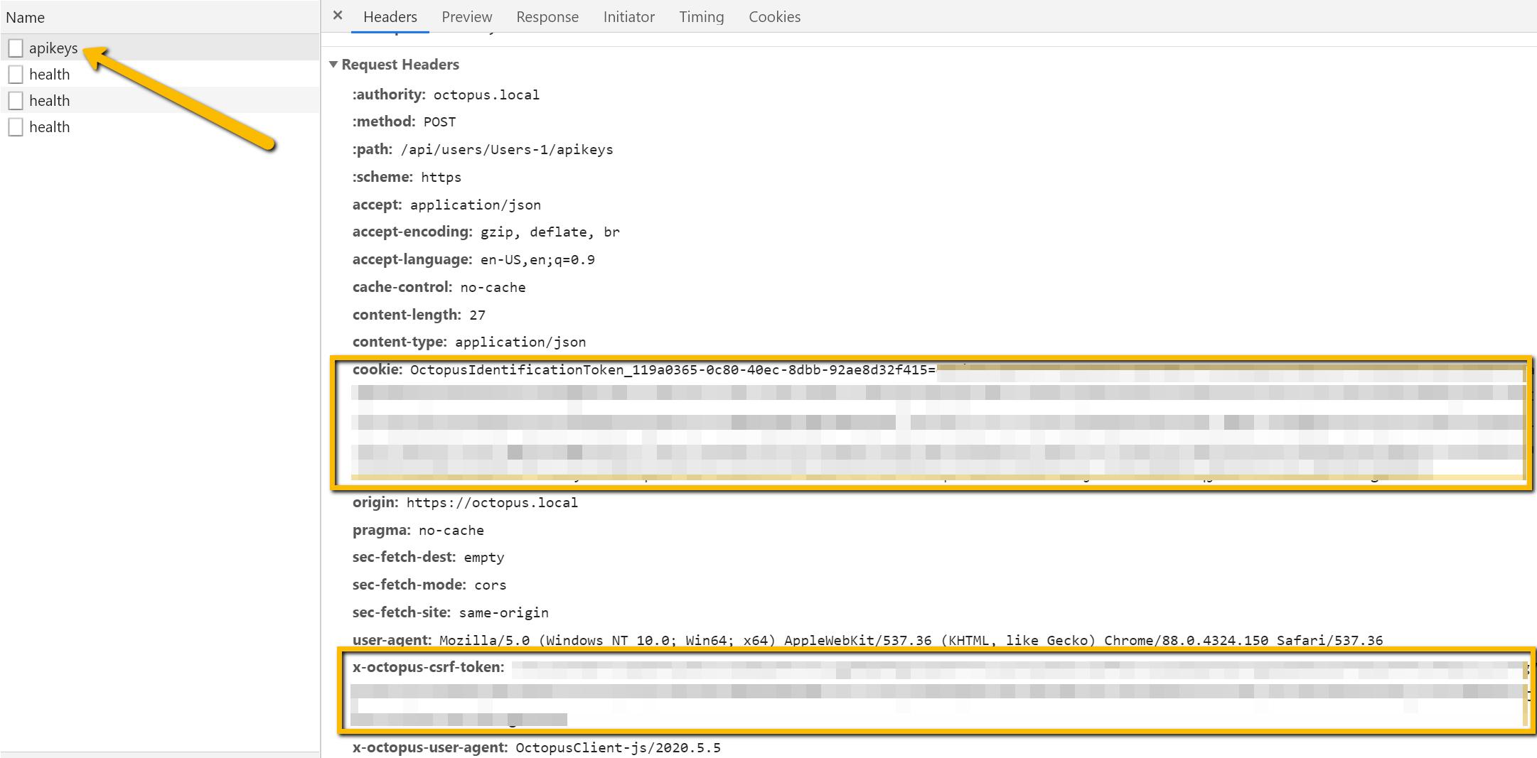 API key generation headers screenshot
