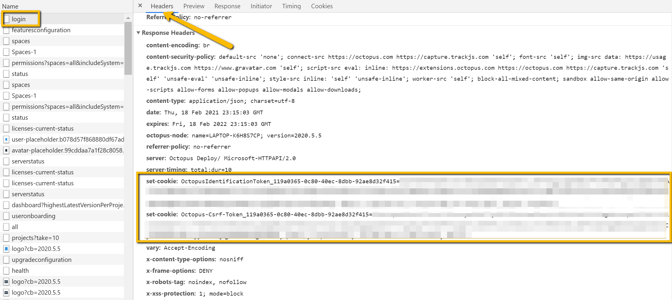 Response headers screenshot