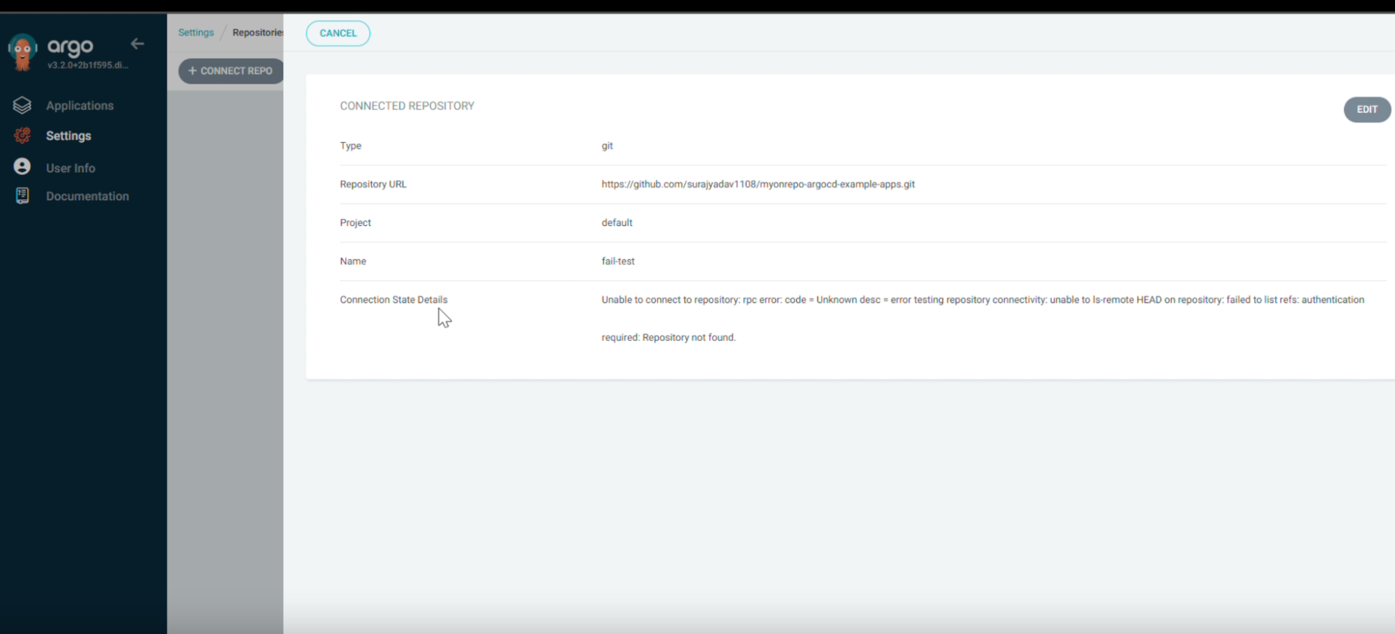 Repository connection state messages