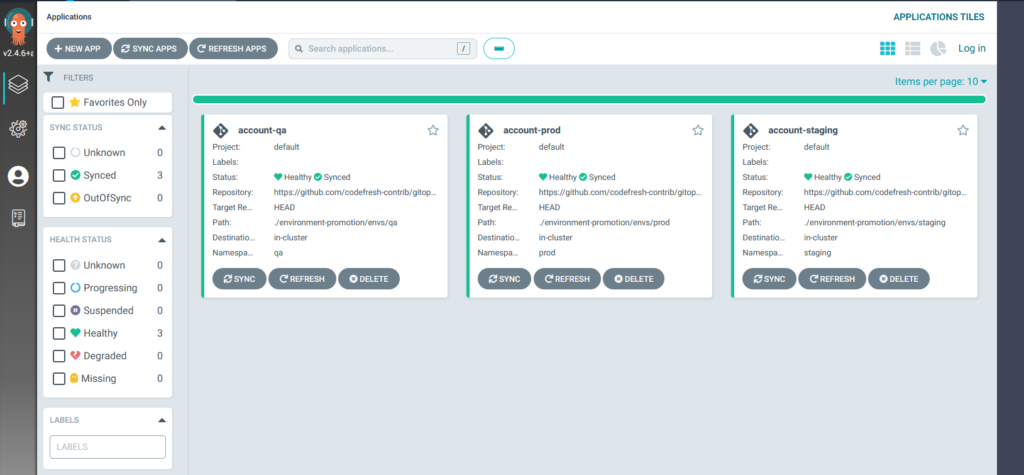 Example Argo CD dashboard