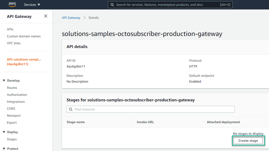AWS Console open on API Gateways with Create stage button highlighted