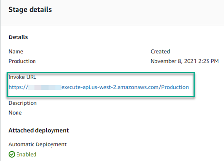 AWS console showing Stage details with Invoke URL highlighted