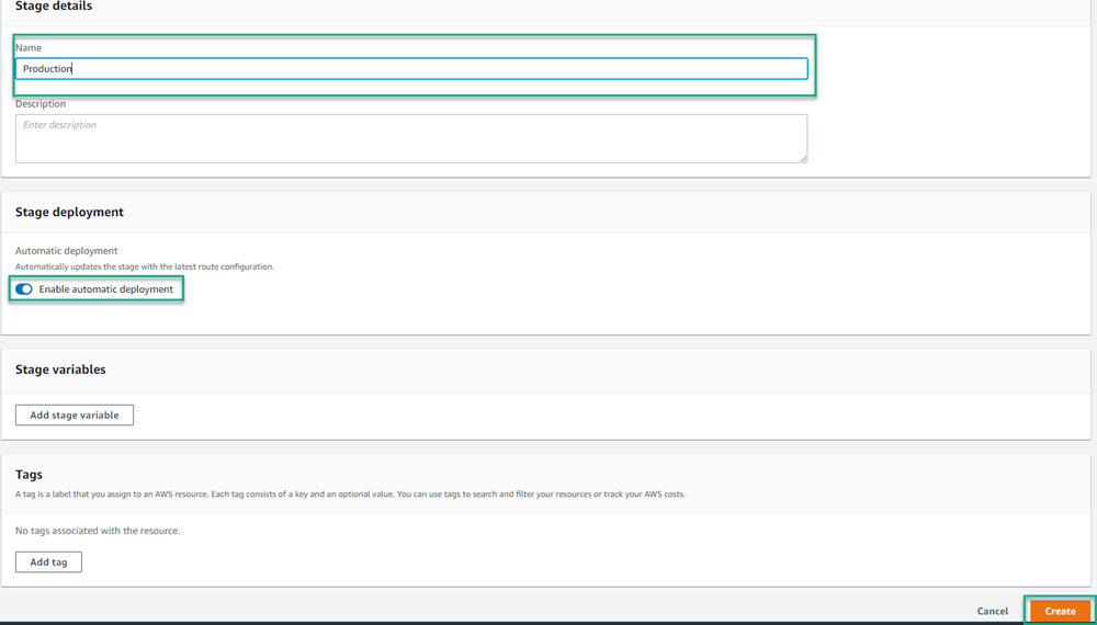 AWS console showing Stage details