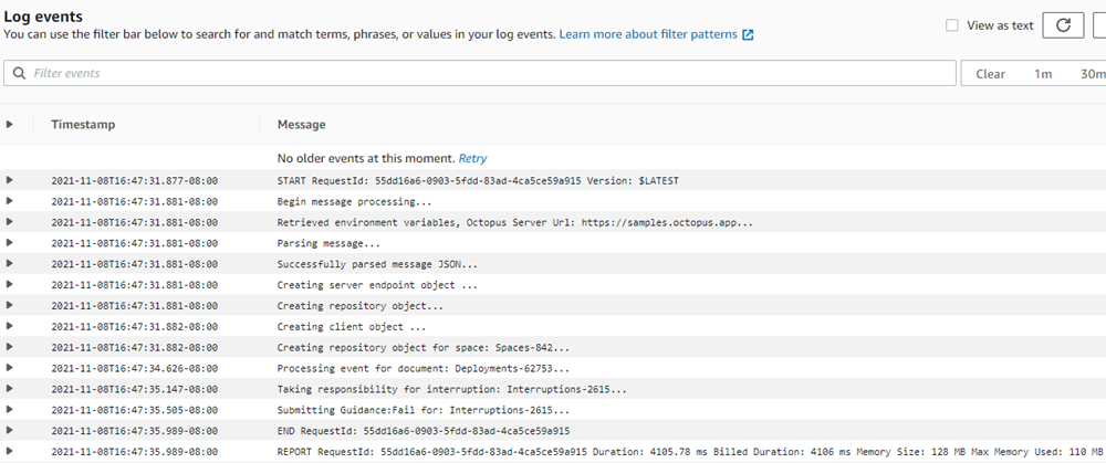 AWS Console showing Log events