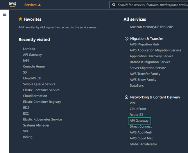 AWS Console showing Networking & Content Delivery section with API Gateways menu item highlighted