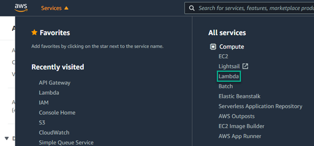AWS Console showing All services section above Compute section with Lambda menu item highlighted