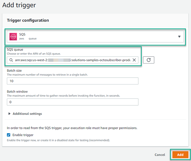 AWS console showing  Trigger configuration section with SQS section and SQS queue section highlighted