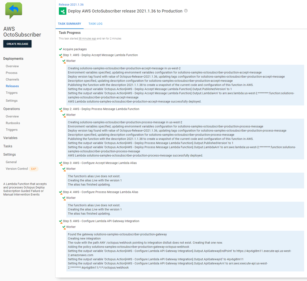 Octopus UI showing Task Summary with warnings