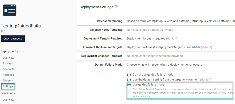 Octopus dashboard showing Settings with Use guided failure mode selected and highlighted