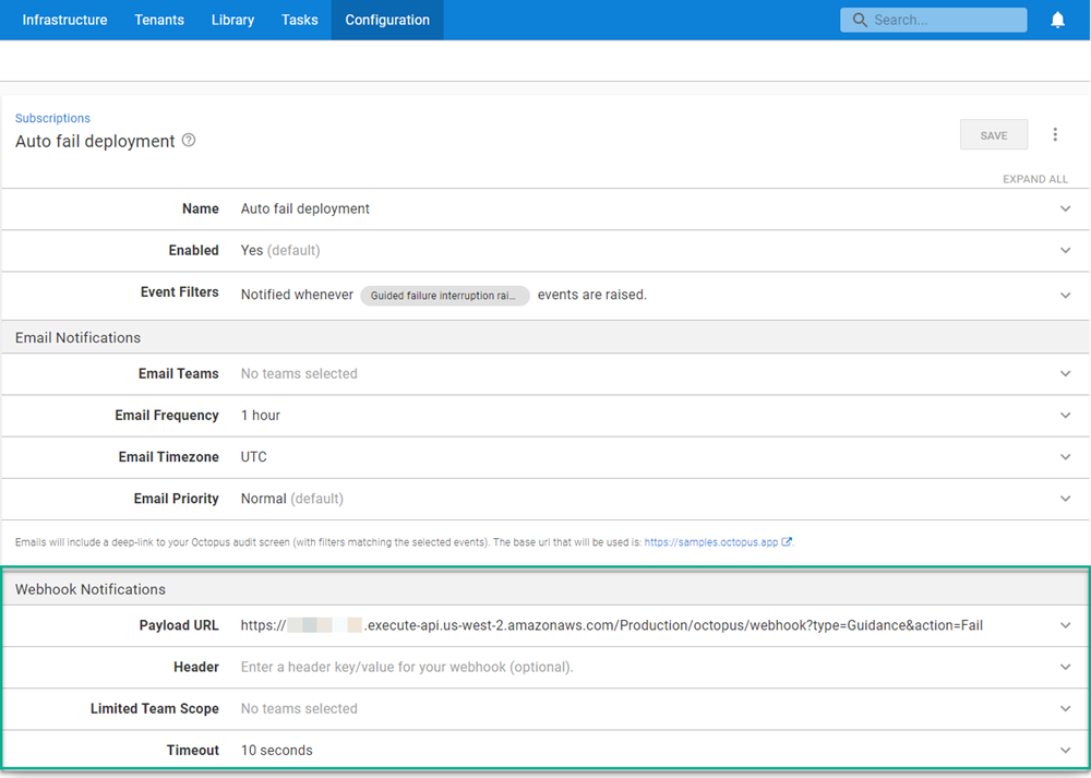 Octopus dashboard open on the Configuration tab with Webhook Notifications section highlighted and Payload URL showing