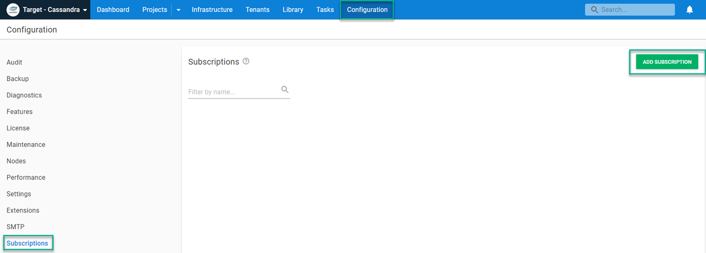Octopus dashboard open on the Configuration tab with Subscriptions selected from the menu and ADD SUBSCRIPTION highlighted