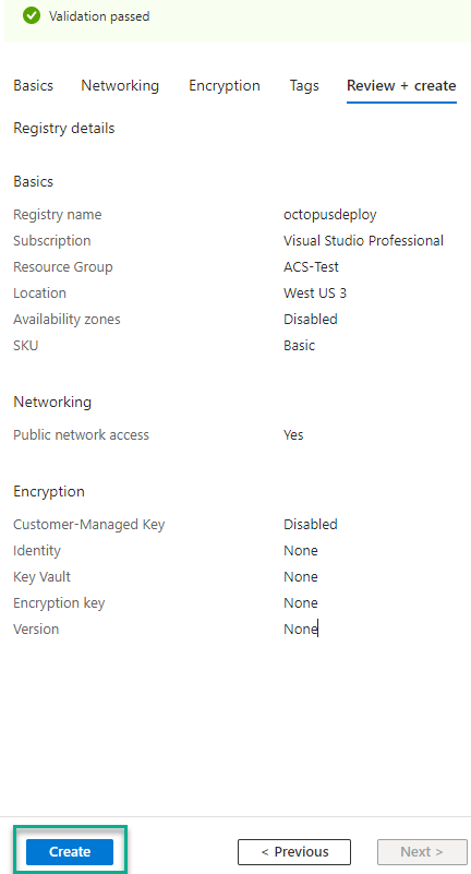 Azure Create Container Registry Create screen