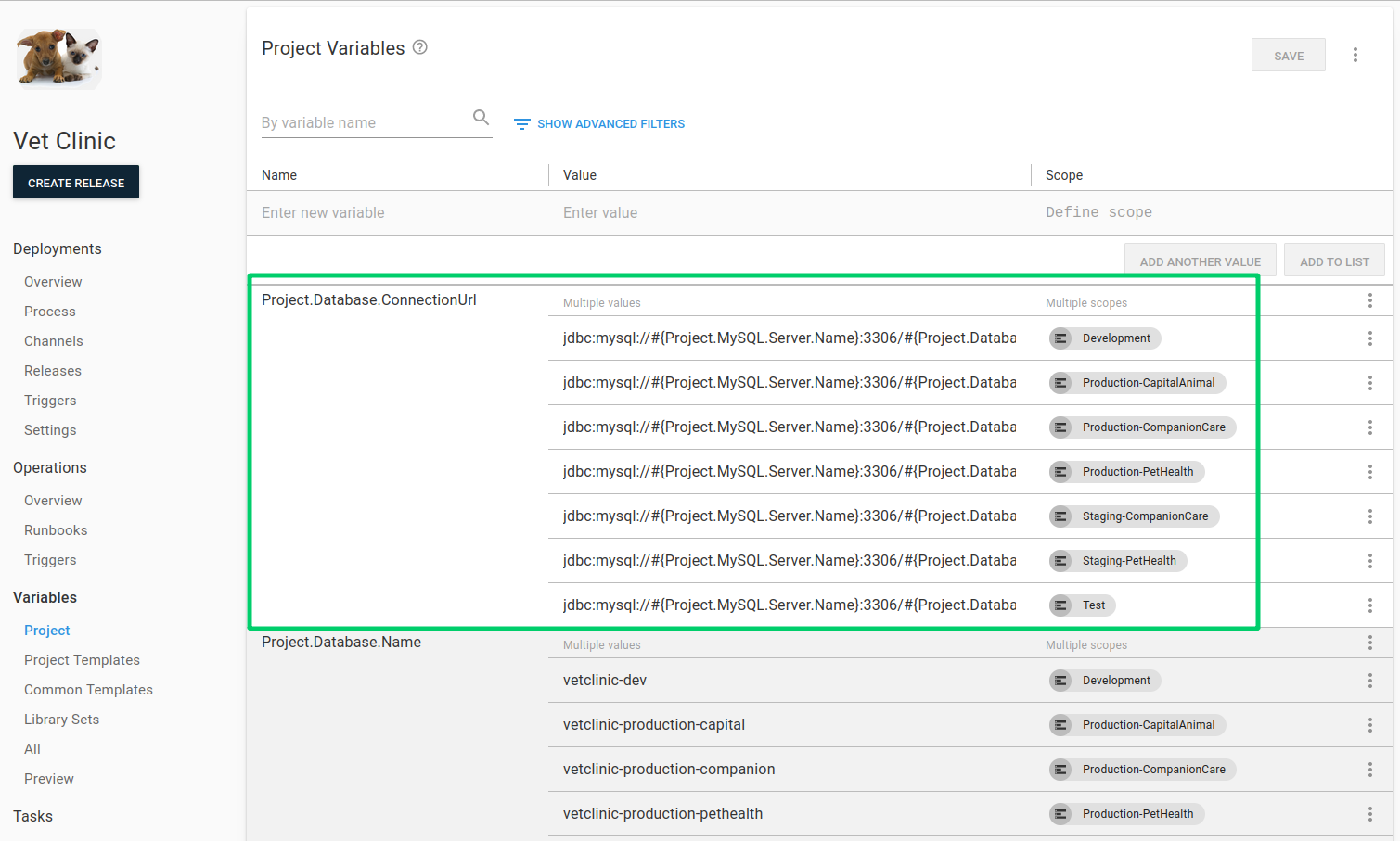 Multi-tenancy multiple environments variable scoping