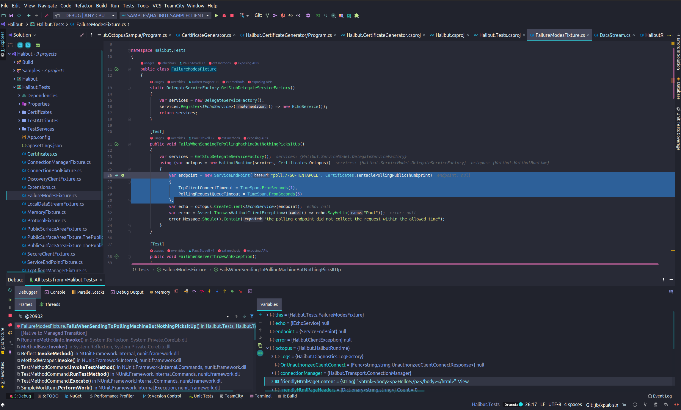 rider debugging some tests on Linux