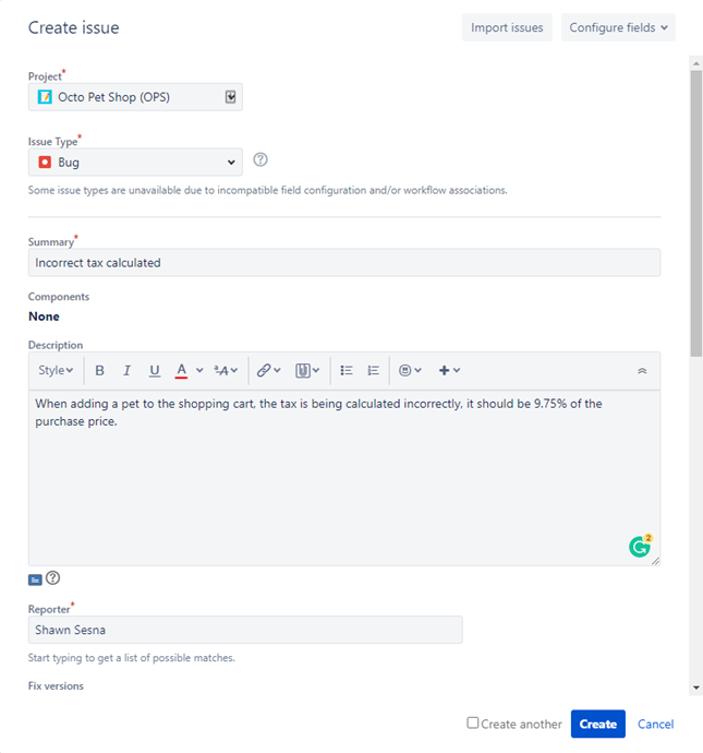 The create an issue screen in Jira
