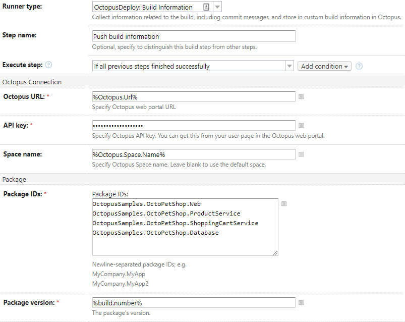 TeamCity push build information step