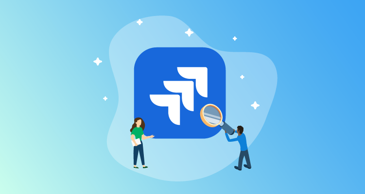 Jira logo with cartoon style people inspecting it with a magnifying glass