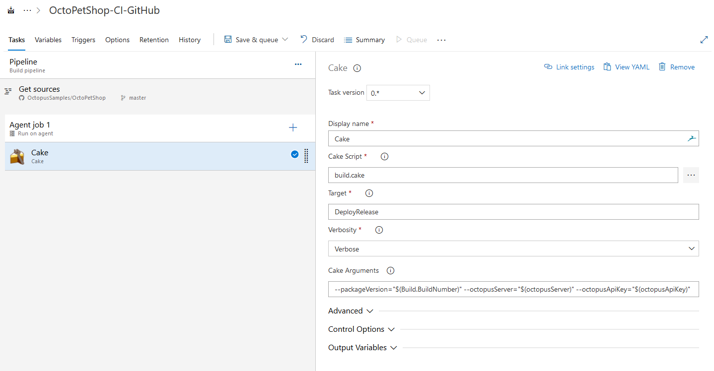 Screenshot showing an Azure DevOps Build Pipeline with a Cake step configured