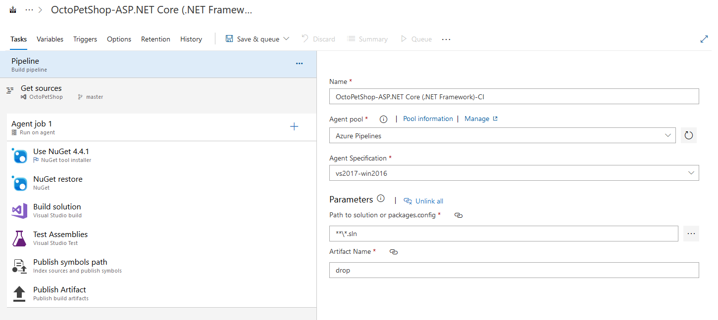 Screenshot showing an Azure DevOps Build Pipeline with standard steps configured